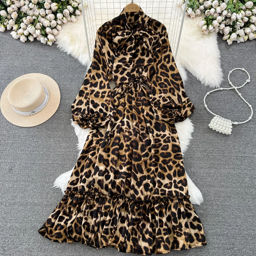 

Fashion Girl's Lantern Long Sleeve Bow Tie Long Shirt Dress For Women Waist Slimming Elegant And Vintage Leopard Printed Dresses