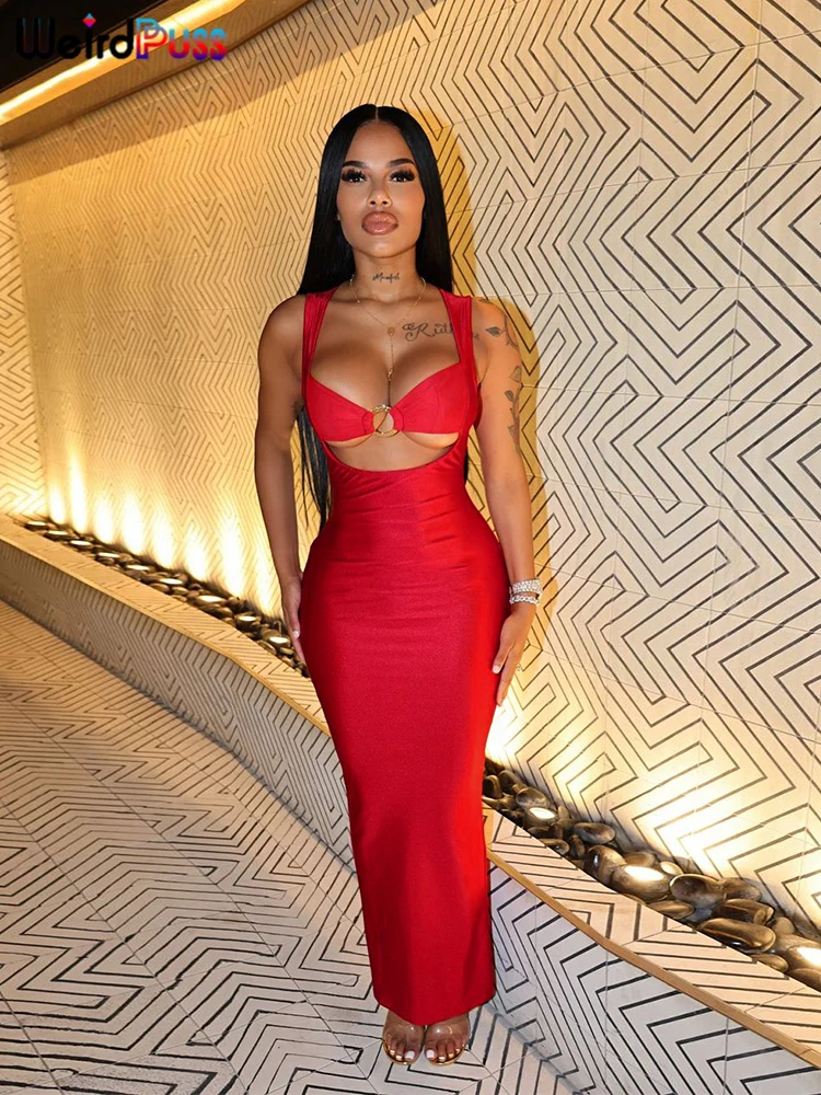 Weird Puss Sexy Party Dress Women Ring Clasp Chic Hollow Backless Sleeveless Low-Neck Birthday Banquet Rave Bodycon Vestidos 5