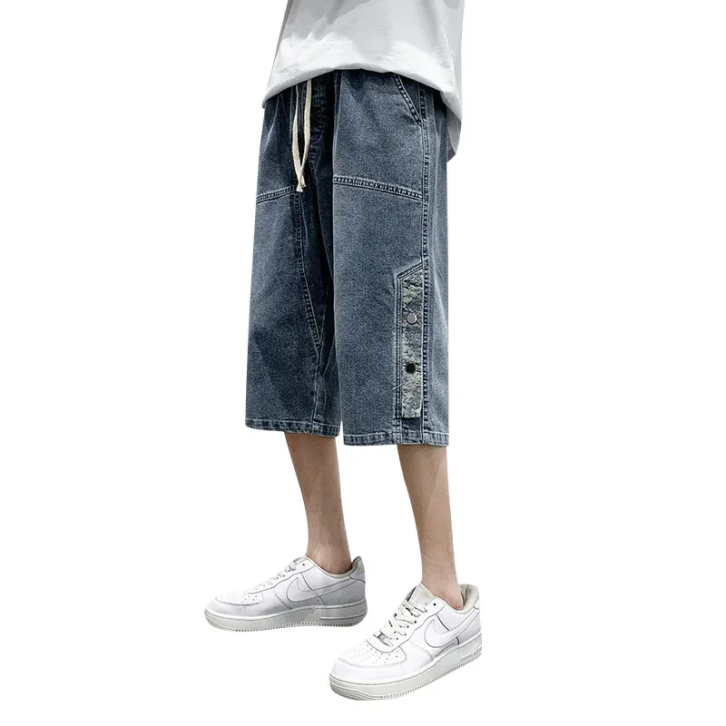 Summer Casual Denim Shorts for Men Loose Straight Leg Sporty Cotton Large Size Jeans Seven-Foot Pants Micro Elastic