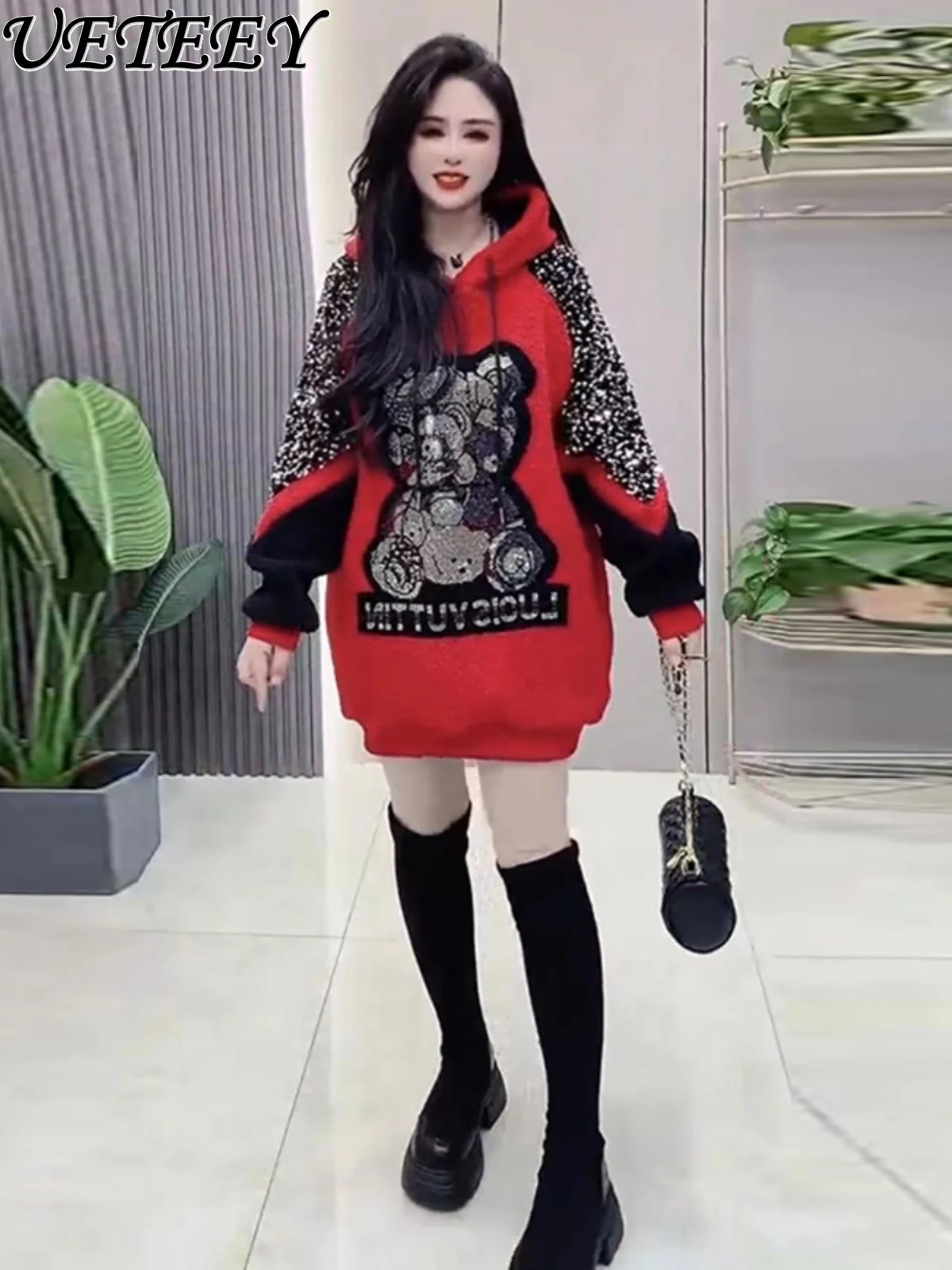 

Autumn Winter New Fashion Casual Plump Girls Slimming Thickened Velvet Color Contrast Patchwork Sequins Mid-Length Sweatshirt