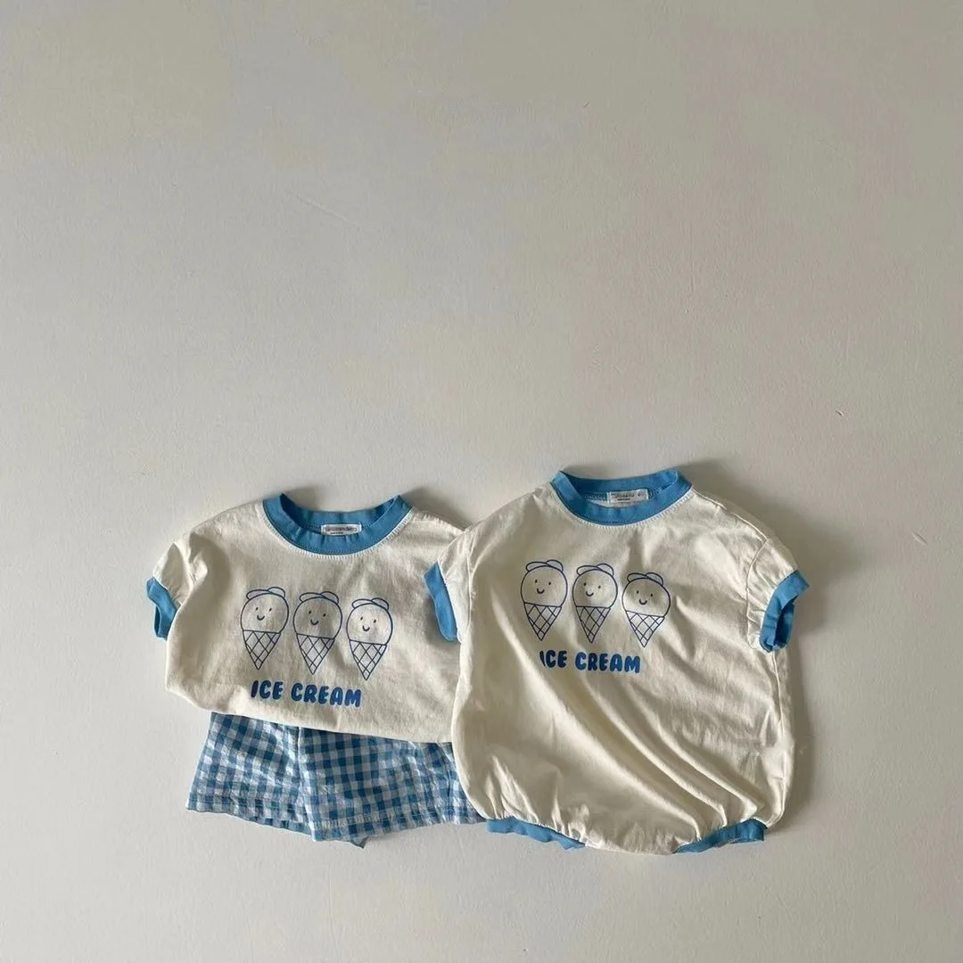 Infant Casual Loose Set Baby Girl Simple Ice Cream Tshirt And Solid Plaid Soft Cotton Shorts 2pc Suit Toddler Boy Sports Sets baby shirt clothing set
