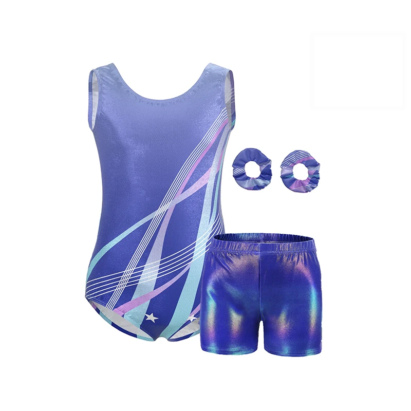 【Clearance Markdowns】 Leotards for Girls Gymnastics Kids Shiny SleevelessTank with Shorts Hairband for Back To School Gymnastics Practice
