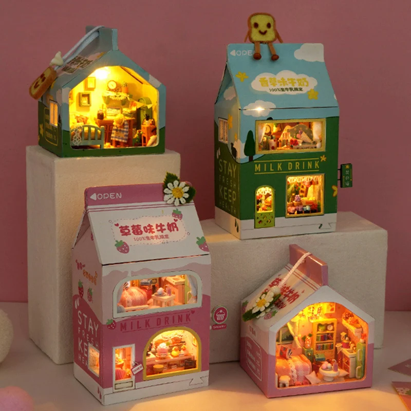 Faça você mesmo mini bolo de quarto Casa de bonecas Kawaii Strawberry Milk Casinha de Bonecas de Leite com Banana Kits de construção em miniatura brinquedos para adultos Presentes de aniversário para crianças