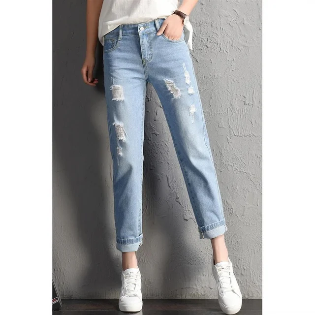  - 2022 New Women Fashion Mid Waist Boyfriend Big Ripped Hole Jeans Casual High Street Denim Pants Sexy Vintage Pencil Calca Jeans