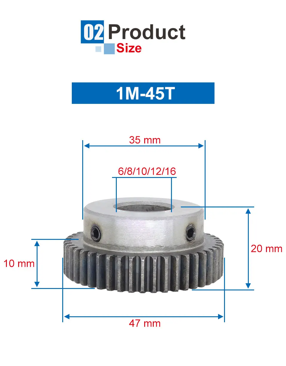 Description Picture 4 of item1 Piece 1M45T Spur Gear Bore Size  6/8/10/12/16 mm Motor Gear Low Carbon Steel Material High Quality Metal Gear For Motor