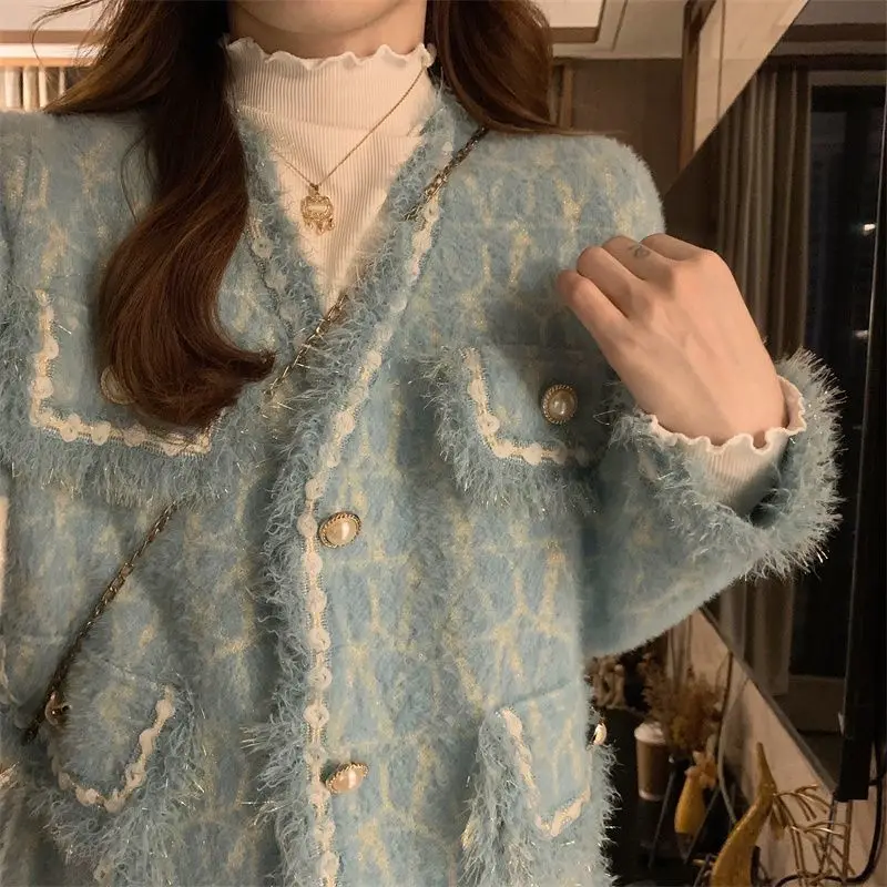 Small Fragrant Wind V-neck Tassel Jacket Knitted Sweater Cardigan Versatile Slim Top 2024 Spring Autumn New Plus Size Women Coat