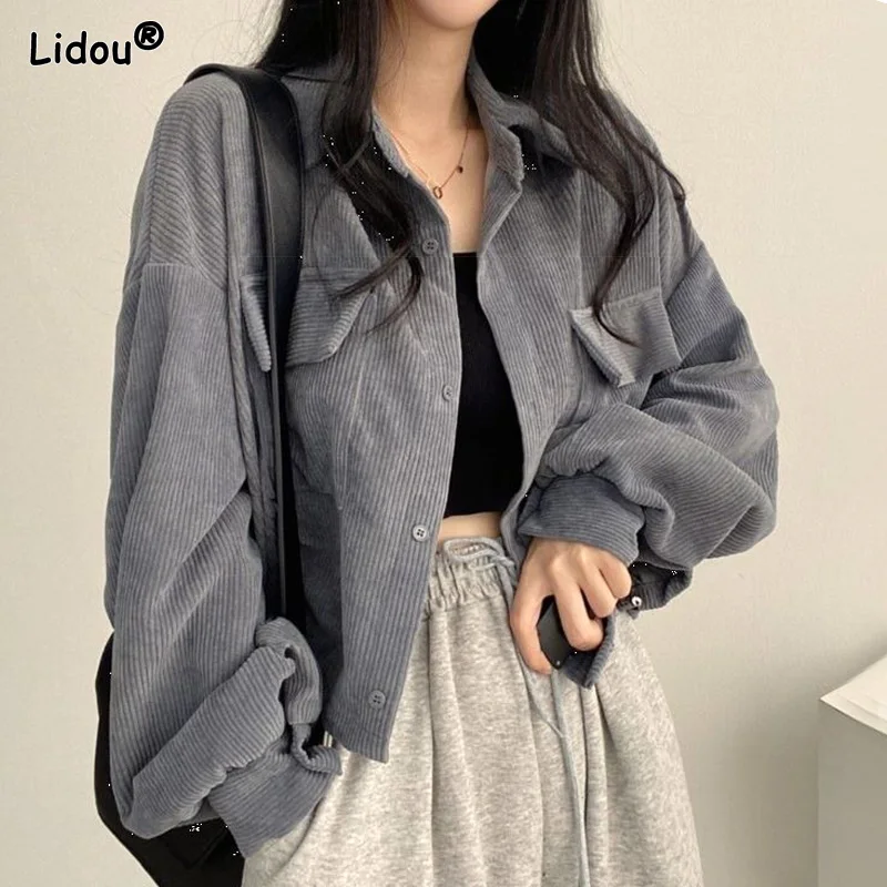 Autumn Winter Thick Loose Solid Jackets Turn-down Collar Pockets Simplicity Temperament Women's Clothing 2022 Casual Fashionable