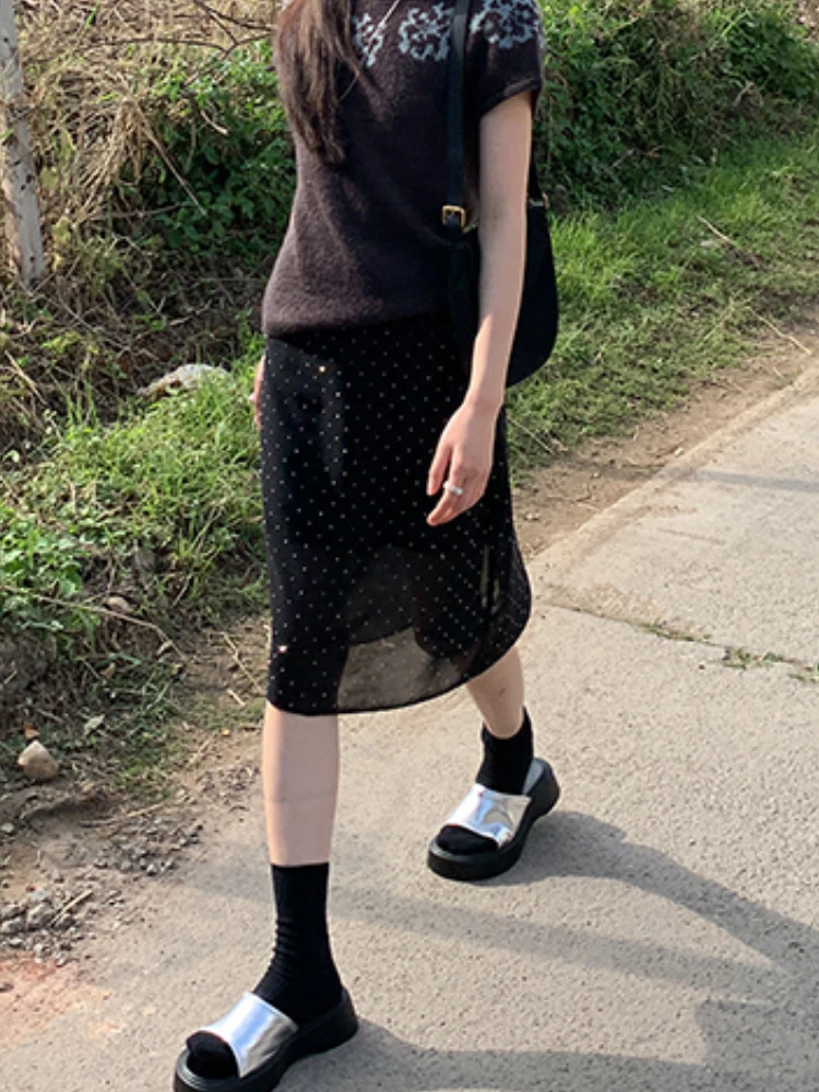 DEEPTOWN Vintage Lace Skirt Women Black Korean Fashion Y2k Diamond Patchwork Split Sexy Transparent Dot Midi Skirt Summer Gyaru