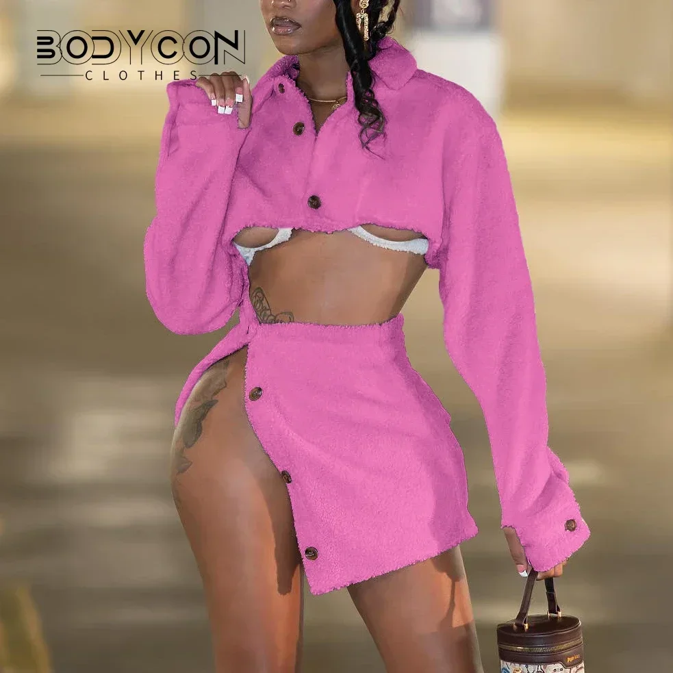 

BODYCON Fleece Keep Warm Women's Set Long Sleve Button Jacket and Button Split Midi Mini Skirts 2023 Two 2 Piece Sets Outfits