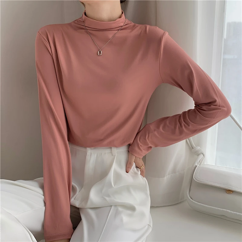 

Women Spring Tops T-shirt Long Sleeve Turtleneck Warm Bottoming Shirt Autumn Winter Inner Wear Slim Korean Fashion Tshirts