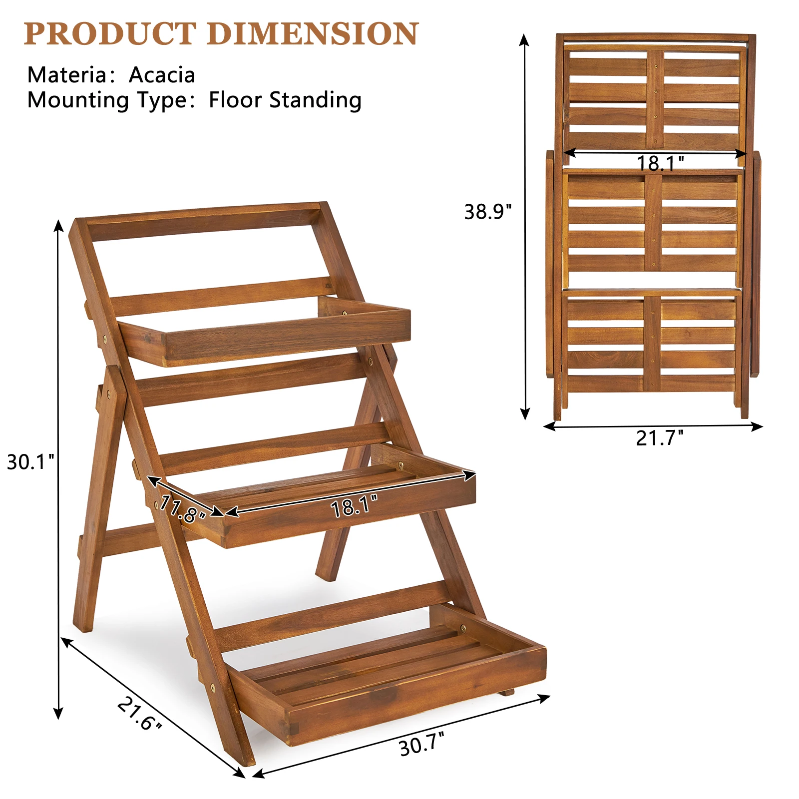 3-Tier Acacia Wood Plant Stand, Foldable Compact Indoor/Outdoor Display Rack for Plants and Decorative Items