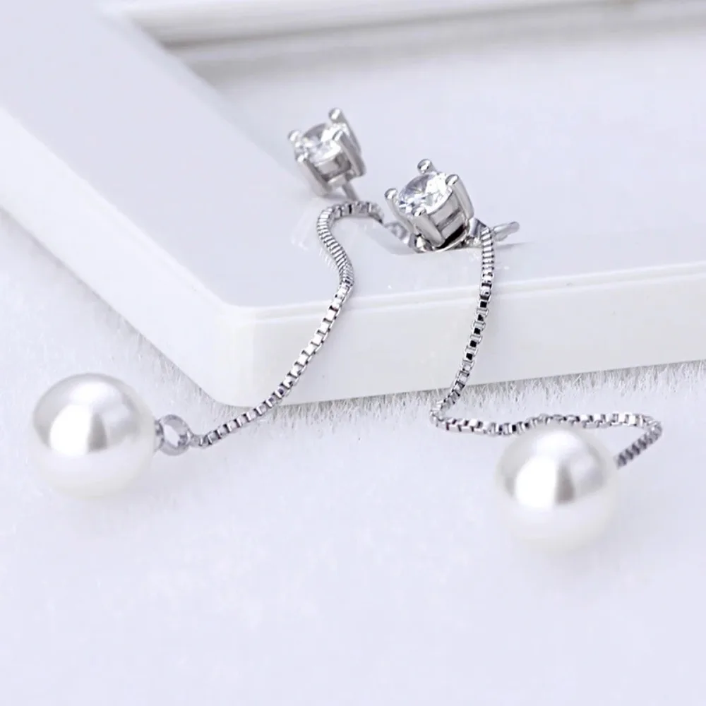 Silver-color Simulated Pearl Pendant Long Chain Cubic Zirconia Earrings Bridal Wedding Jewelry Drop dangle earrings drop earrings pendant earrings long earrings pearl earrings crystal earrings