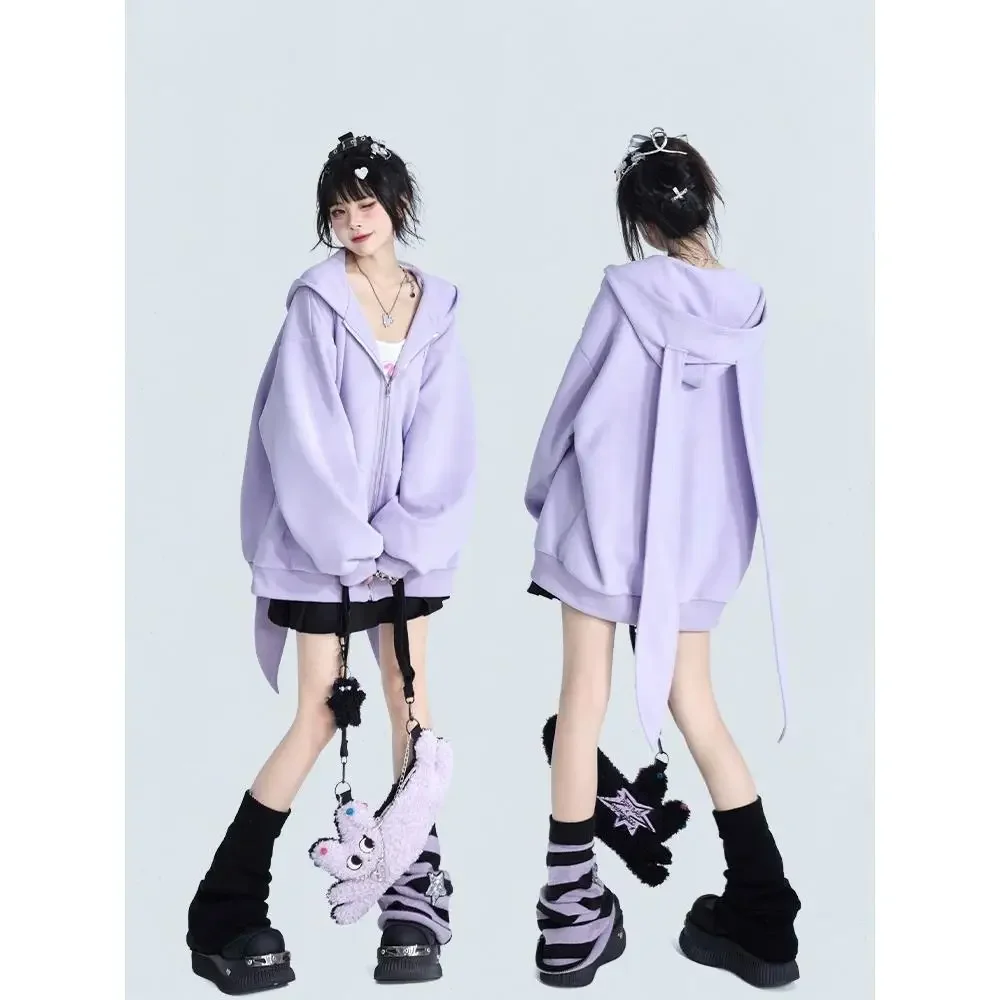 Loose Rabbit Ear Hooded Long Sleeve Cotton Silk Jacket plus Size Autumn Winter Outerwear Top for Women Comfortable Soft Fabric