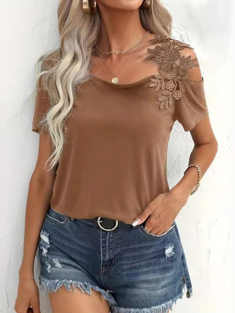 New Fashion Summer Women's Crew Neck Off-Shoulder Embroidery Splicing Solid Color Short Sleeve Top Elegant Solid Color Blouse