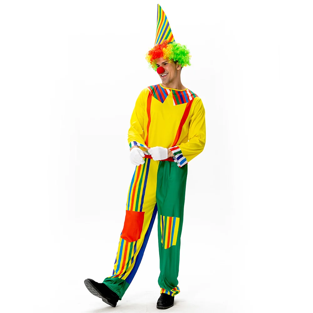 Clown Costume Jumpsuit Hat Colored Wig False Nose Adult Men Cosplay Party Clothes Entertaining Activities Dress Up