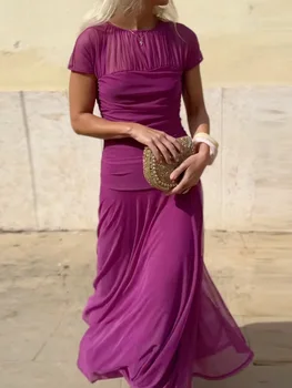 Abito estivo da donna con scollo rotondo, abito lungo elegante patchwork in rete solida trasparente, abito casual da donna a maniche corte 1