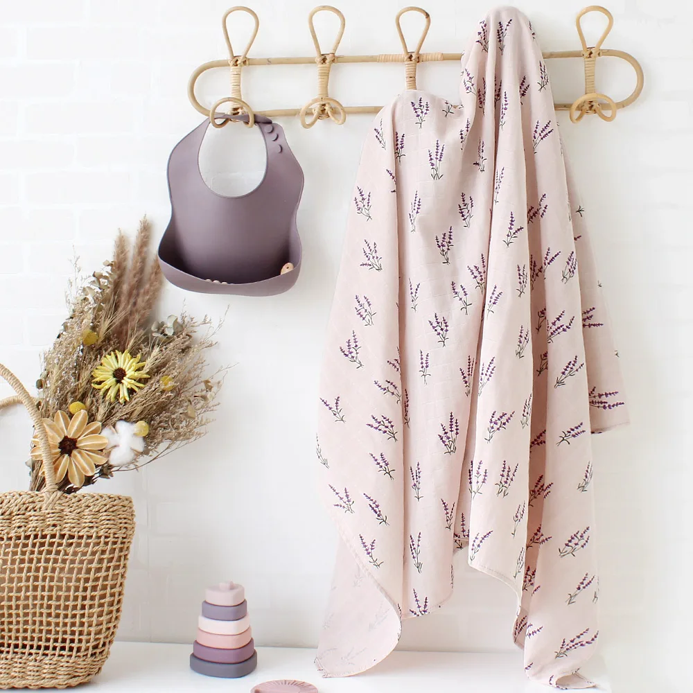 100% Organic Cotton Baby Muslin Swaddle Blanket Lavender Floral Leaves Printed Soft Newborn Wrap 2