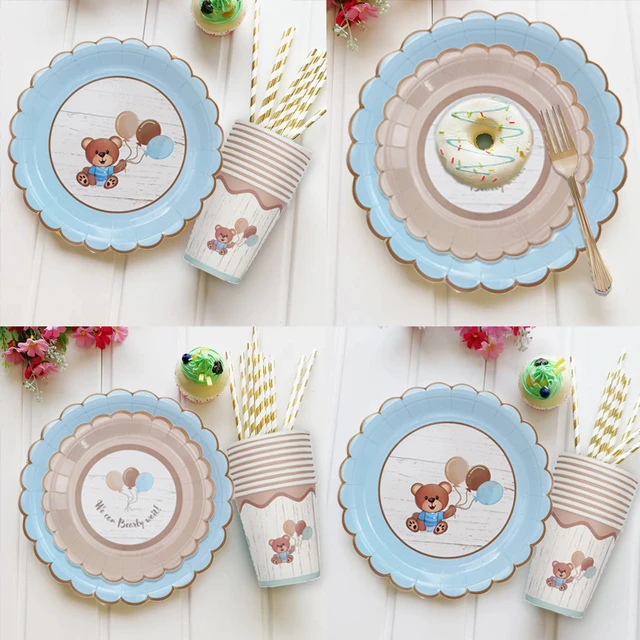 Assiette et tasse de serviette de table pour bébé, ours mignon, poulet en  peluche, café-britannique, bleu, garçon, fille, 10 invités - AliExpress