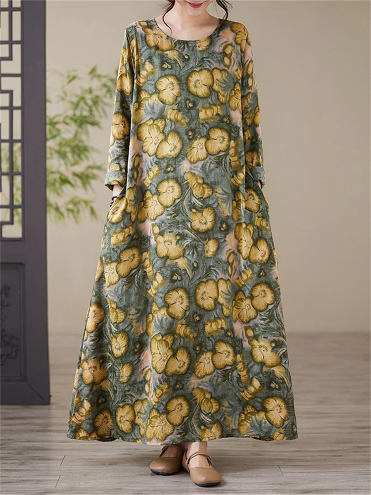 2025 Spring Autumn Cotton Vintage Print Long Sleeve Dresses For Women Casual Loose Dress Femme Robe Vestidos Fashion Clothing