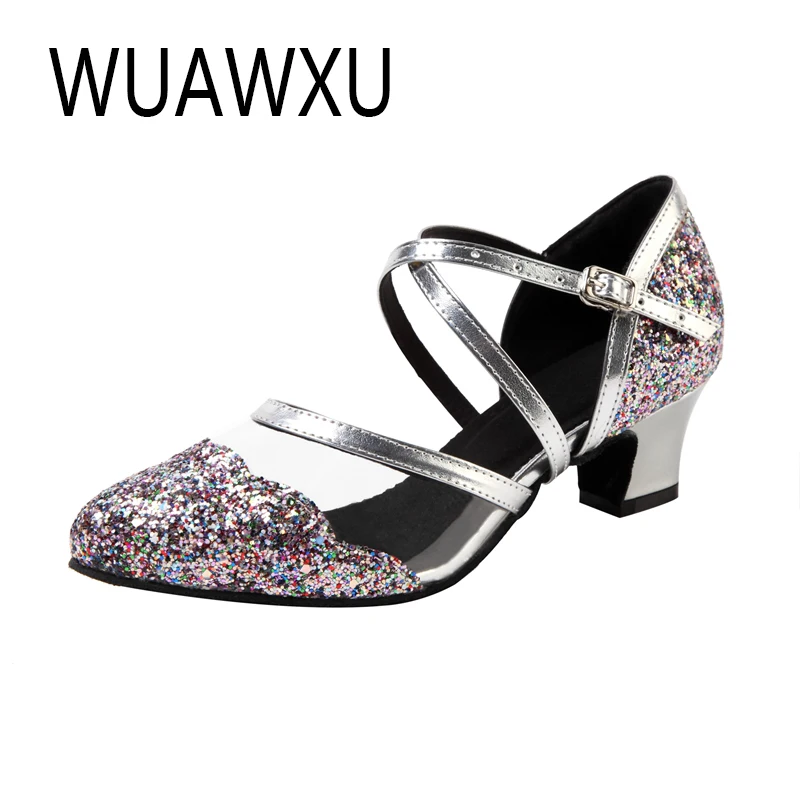 WUAWXU hot selling black and white flash cloth women's Latin dance shoes National standard dance shoes Party square dance shoes
