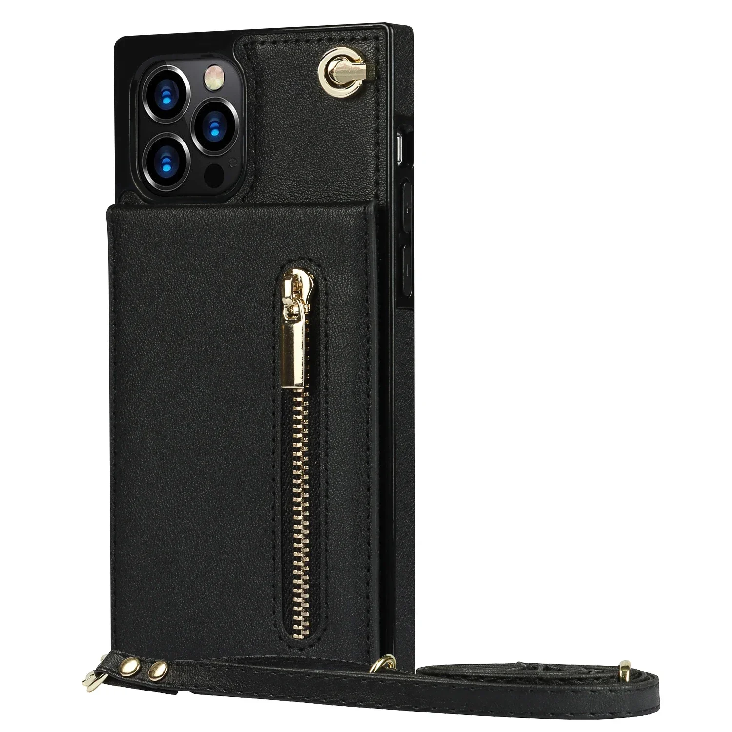 Leather Crossbody Zipper Wallet with Card Holder and Lanyard Strap