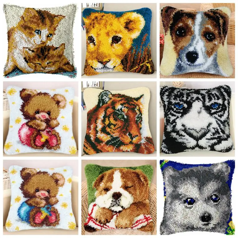 Animals Bear Embroidery Pillow Coarse Wool Hand Knitted Cross Stitch Latch Hook Kit Home Decoration kussen borduren kruissteek
