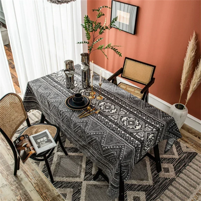 

Black Bohemian Ethnic Style Linen Tablecloth Table Dustproof Cover Heat Resistant For Kitchen Dining Room