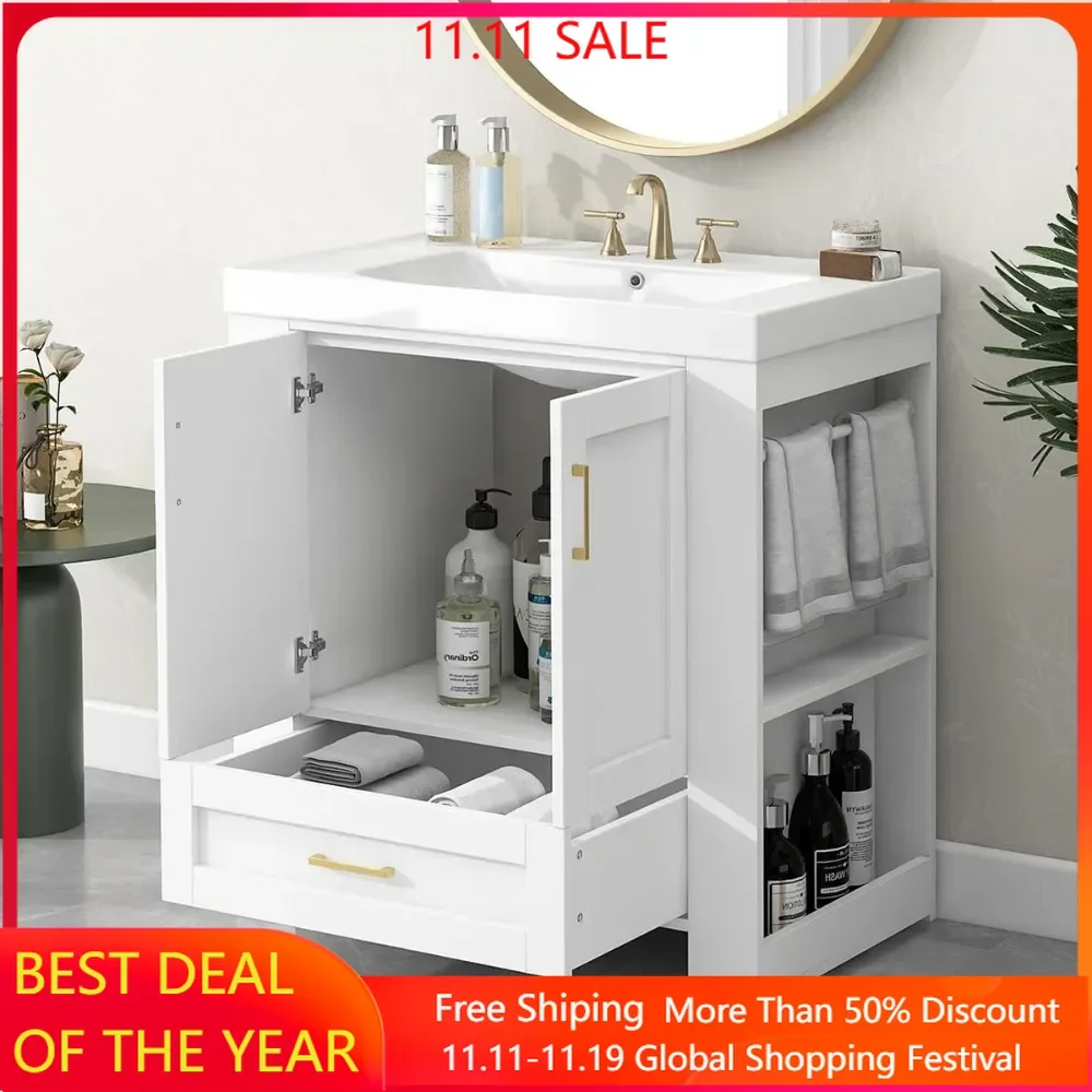 bathroom organizers, 30 Inch Bathroom Vanity with Sink, Freestanding Single Bath Vanity Wood Storage Cabinet with Drawer, Side S