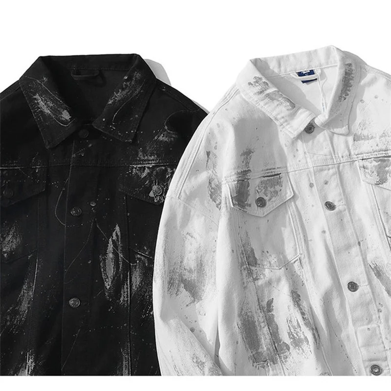 

Men's Korean version college style lapel jacket personalized hand-painted graffiti reflective paint shirt retro casual jacket