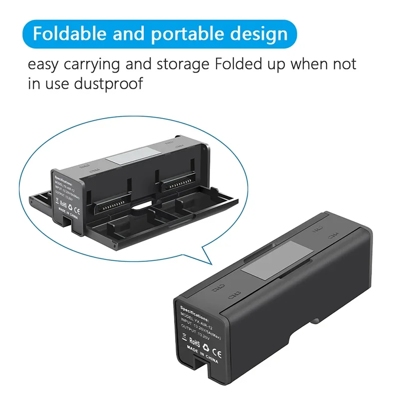 Chargeur intelligent 4 en 1 pour DJI Mavic Air 2/2S, vue de dessus montrant les quatre emplacements de batterie.