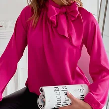 

Western Style Fashion Women Blouse Long Sleeve Solid Color High Collar Bowknot Loose Pullover Spring Ladies Clothing OL Commuter