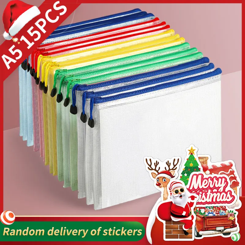 Christmas Stickers A5 Mesh Zipper Bag, Document Storage Bag, Waterproof And Rip-Proof Folder, Student Office Mobile Supplies