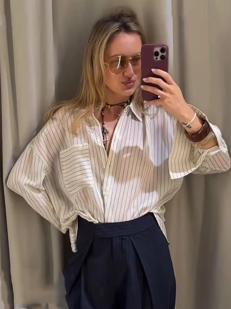 TFMLN Autumn Long Sleeve Shirt For Women Fashion Stripe Pocket Vintage Streetwear Loose Fit Comfortable Daily Commute Outfit