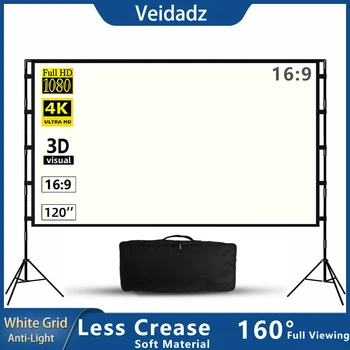 VEIDADZ 스탠드 프로젝터 스크린, 부드러운 흰색 그리드, 빛 방지, 160 ° 시야각, 주름 적은 100, 120 인치 스크린, 야외 실내