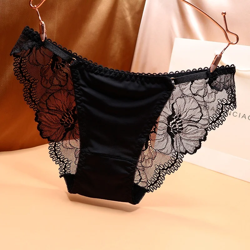 

Sexy women underwear ladies seamless transparent temptation lace briefs girly black ice silk low waist solid color panties