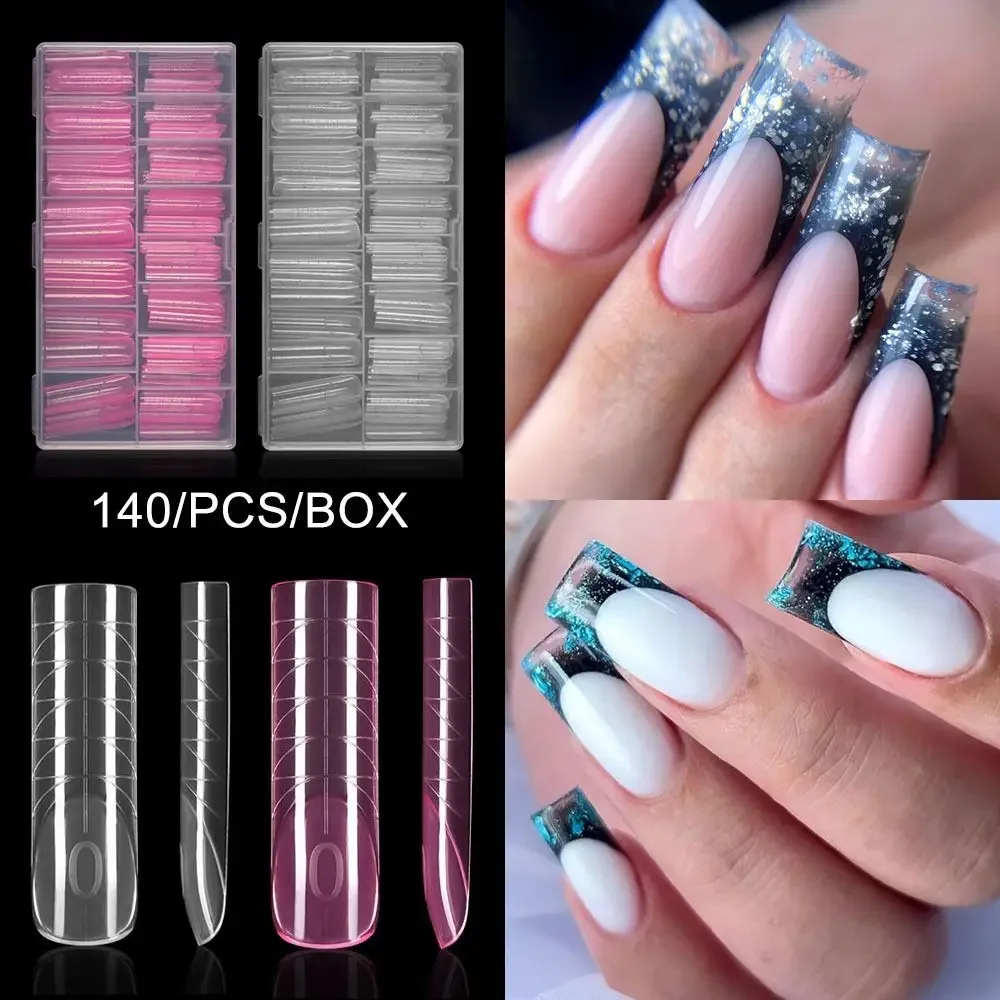 140Pcs/box French Nail Dual Forms Quick Building Gel Mold Square Pink Transparent Nail Extension Molds Full Cover with Scale