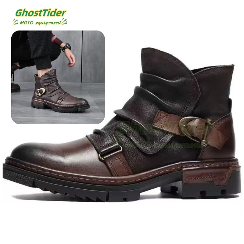 Retro Men's Motorcycle Leather Boots British Style Round Head High Top Casual Platform Moto Street Gear motorcycle shoes,motorcycle boots