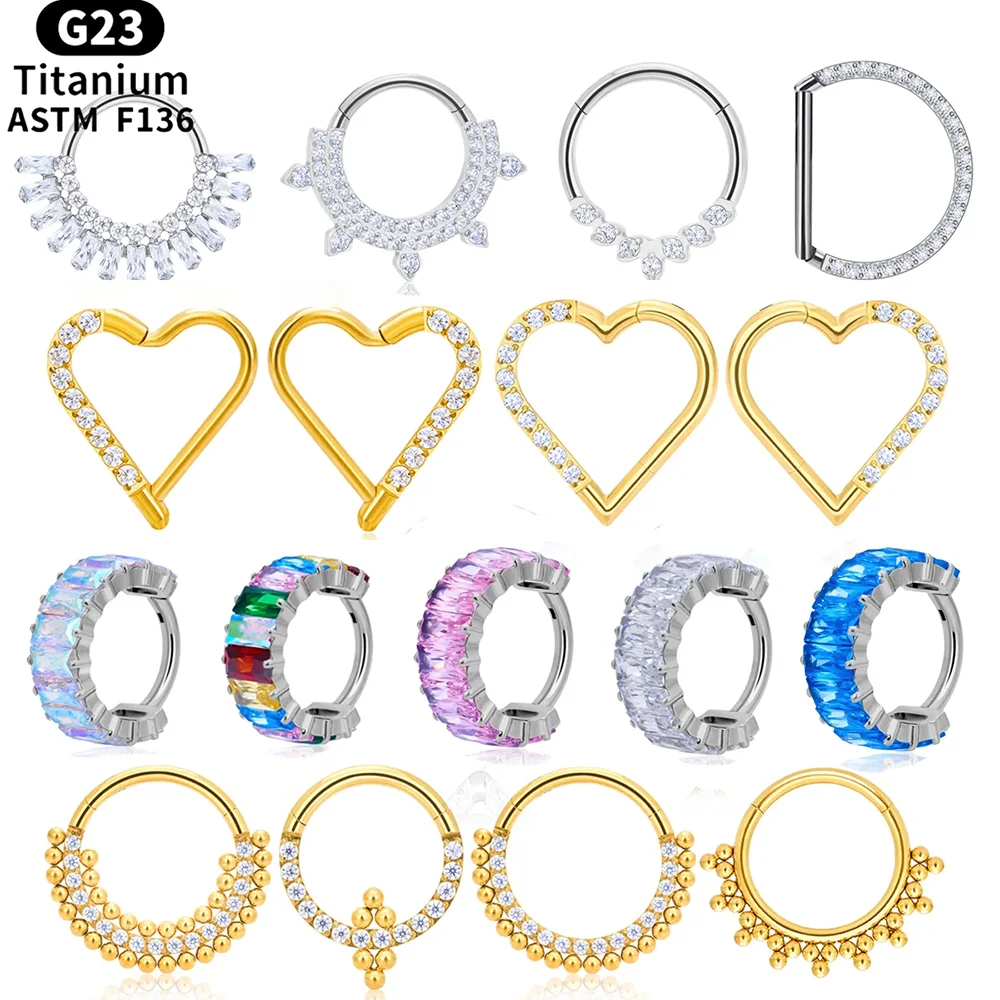 

ASTM F136 G23 Titanium Septum Nose Ring Hoop Daith Heart Earring 16G CZ Hinged Segment Tragus Cartilage Helix Piercing Jewelry