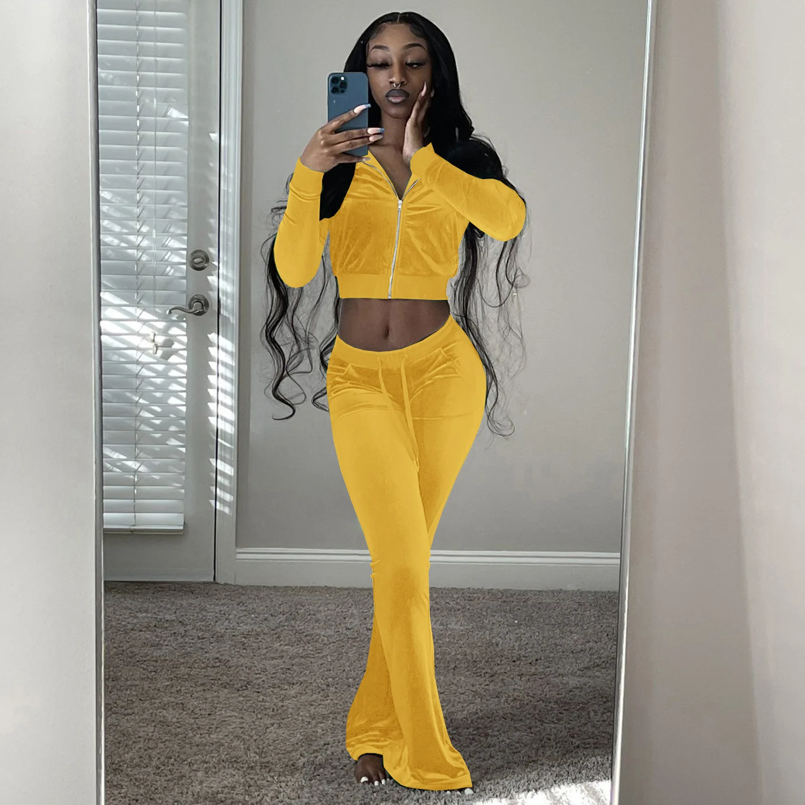 2023 New Autumn/Winter Fashion Women's South Korean Velvet Solid Long Sleeve Open Umbilical Flare Pants Casual Sports Set