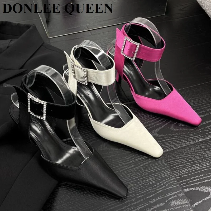 

2023 Модные женские сандалии с ремешком на щиколотке на высоком каблуке, туфли-лодочки с квадратным носком, без застежки, блестящие шлепанцы с пряжкой, женские брендовые сандалии