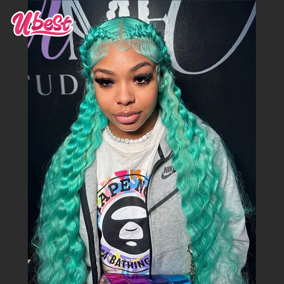 13X6 Turquoise Cyan Wig Human Hair Colored Loose Deep Wave 13x4 Lace Front Human Hair Wigs for Women