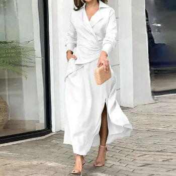 Dresses For Women 2024 Plus Size Women Spring And Autumn Solid Color Temperament Lapel Long Slit Solid Color V Woman Clothing 2