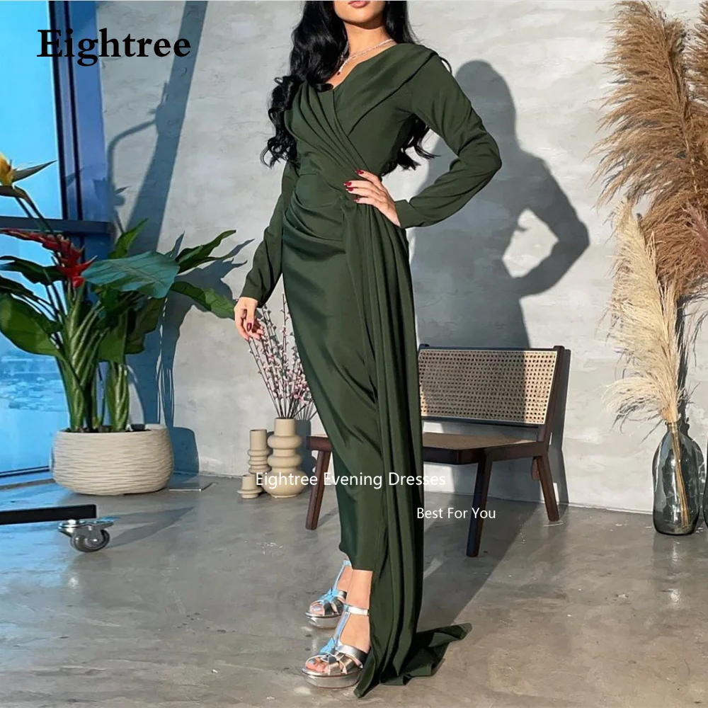 

Eightree Modern Dark Green Evening Dresses Long Sleeves Mermaid Satin V Neck Vestidos Para Mujer Gala Formal Occasion Dresses