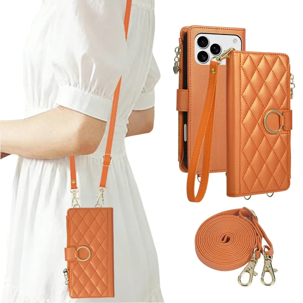 Quilted Zipper Wallet Phone Case with Crossbody Strap and Card Holder
