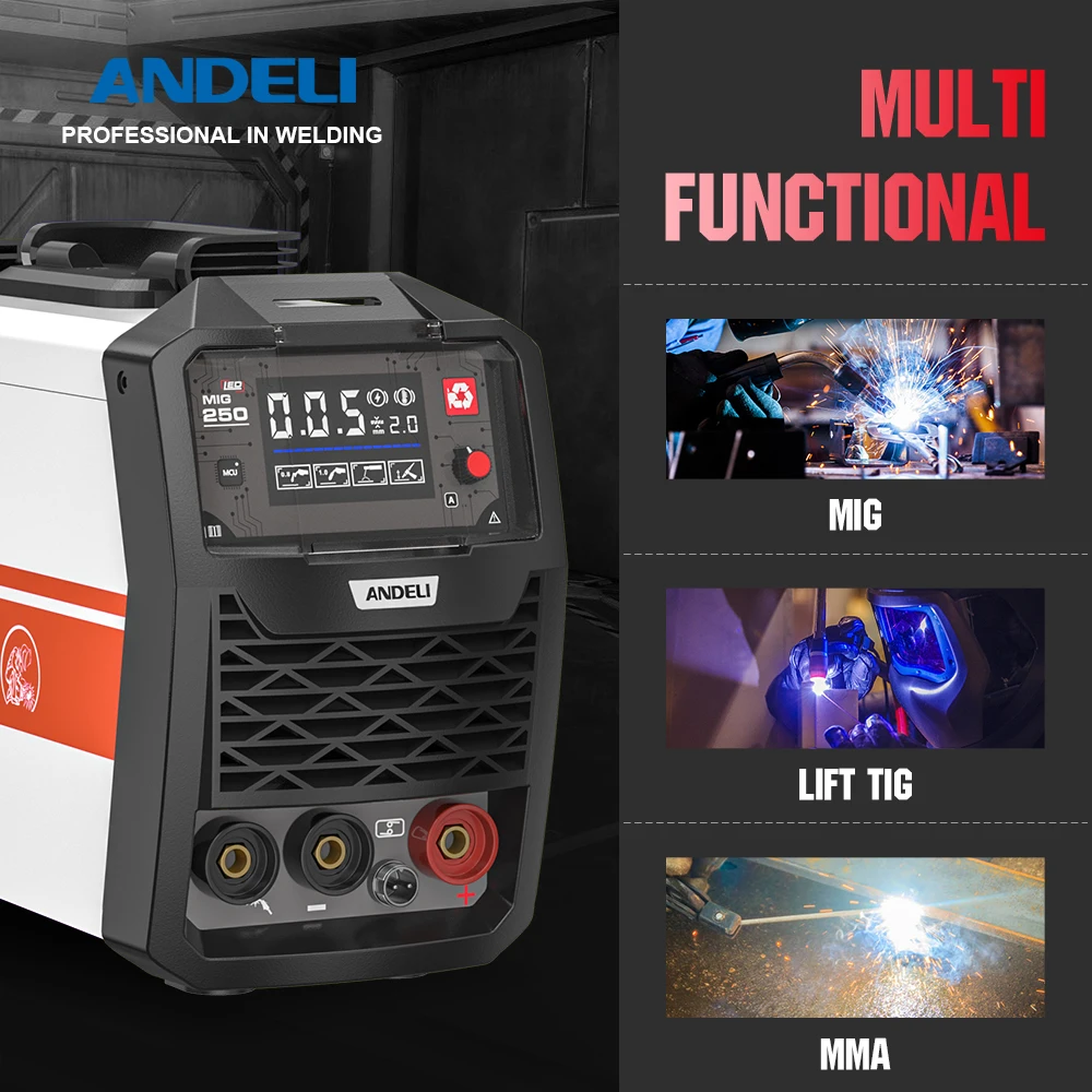 ANDELI MIG-250 Synergic MIG welding machine without Gas Flux Core Wire Inverter MIG Welder Gasless welding Household