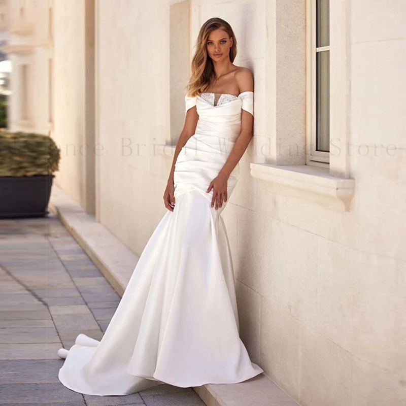 

Classic White Mermaid Wedding Dress for Women Floor Length Off Shoulder Bride Dresses for Girls Sequins vestidos de boda 2023