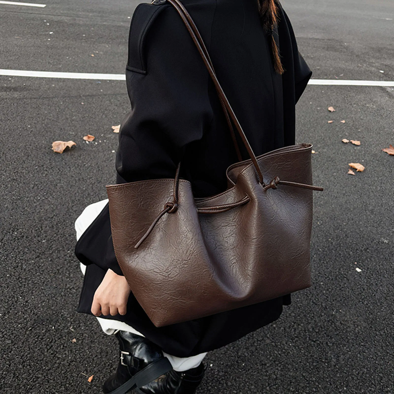 Women PU Leather Shoulder Bag Large Handbag Drawstring Commuter Bag for Work Shopping Travel Daily