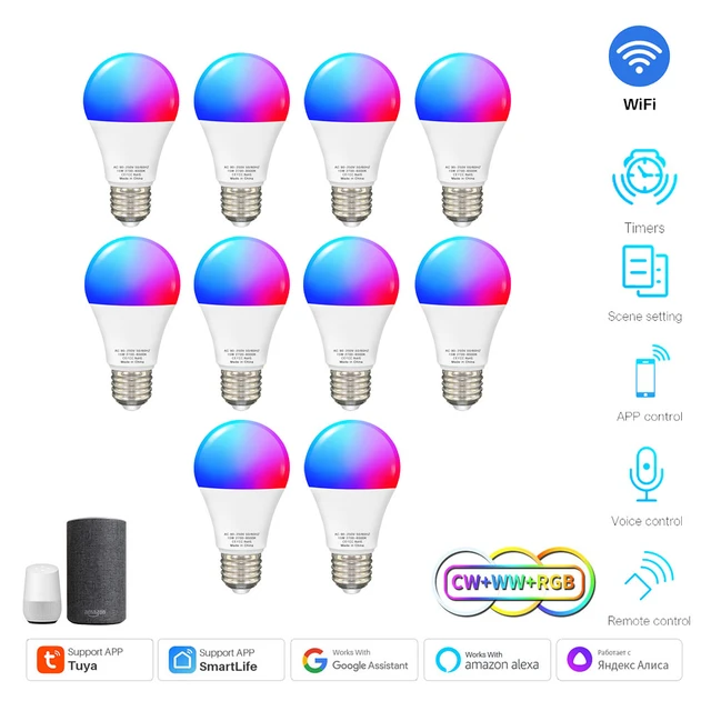 Tuya-bombilla inteligente E27, bombilla LED regulable con WiFi/Bluetooth,  RGBCW, 100-240V, Control por aplicación Smart Life, compatible con Alexa y  Google Home - AliExpress