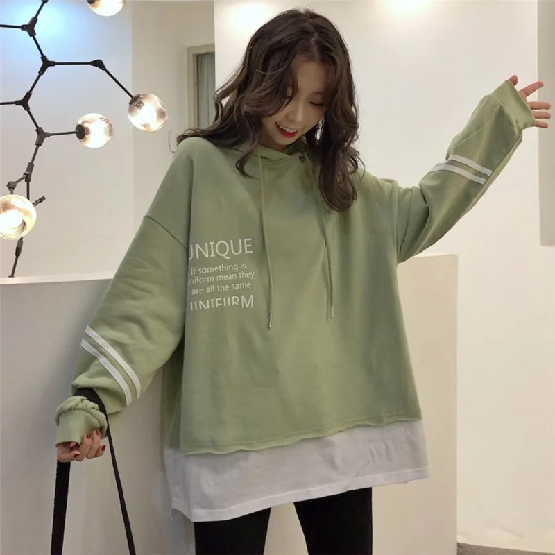Spring Autumn Women New Version of Fake Two-piece Front and Back Letter Printing Hooded Sweater Girl Student Korean Trend Y2k