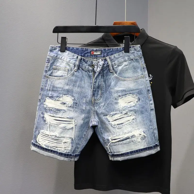 Denim Shorts 2025 Men's Summer Thin Ripped Patch Beggar Pants Cat Whisker Needle Sewing Slim Small Feet Short Jean Medium Pants